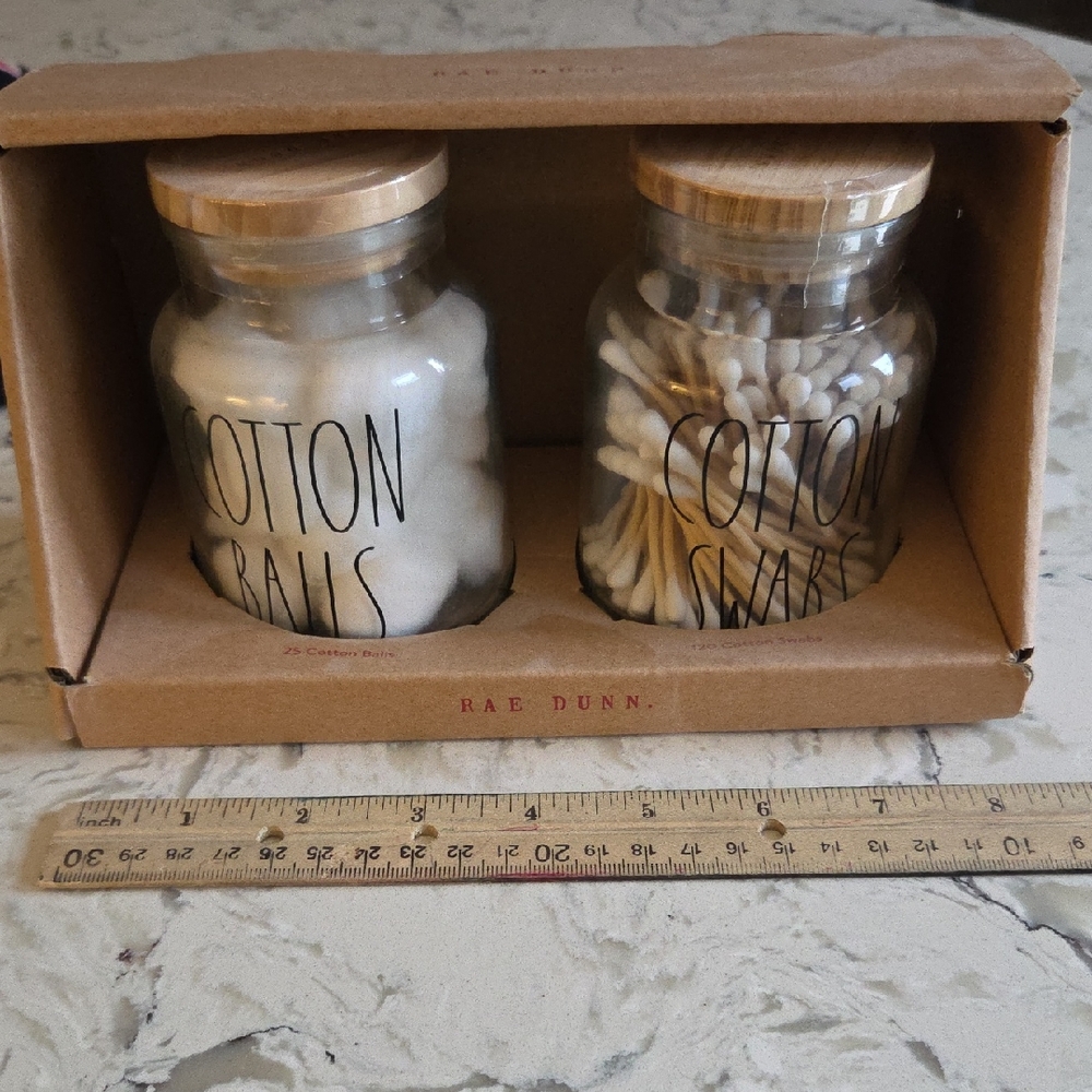 Rae Dunn Clear Glass Jars with Wooden Lids Bathroom Cotton Ball Swab New